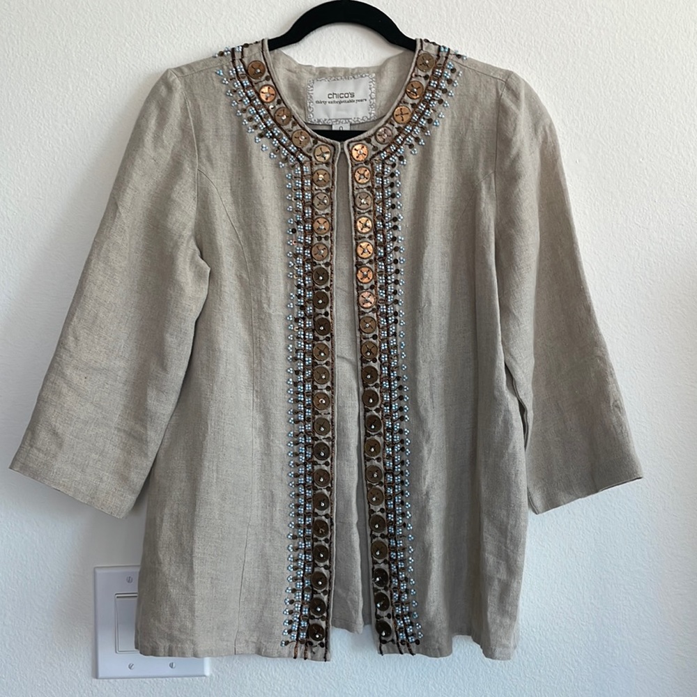 Chico’s 100% Linen 3/4 Sleeve Long Light Jacket with Beautiful Details - Picture 1 of 5